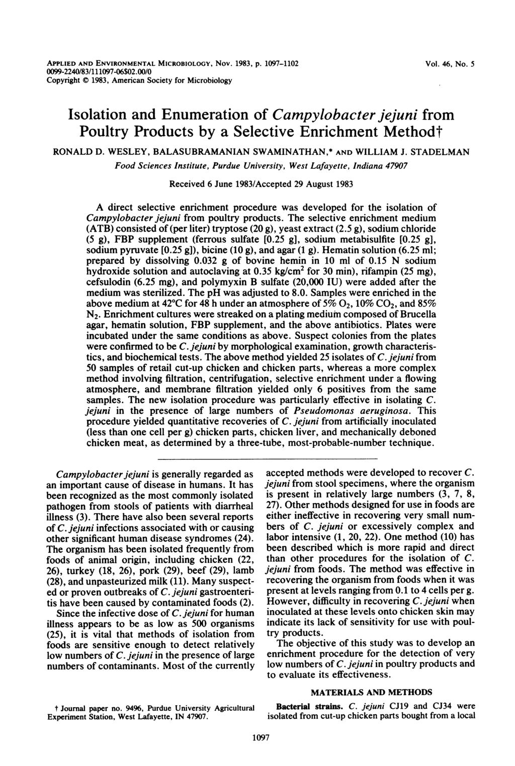 APPLIED AND ENVIRONMENTAL MICROBIOLOGY, Nov. 1983, p. 1097-1102 0099-2240/83/111097-06$02.00/0 Copyright 1983, American Society for Microbiology Vol. 46, No.