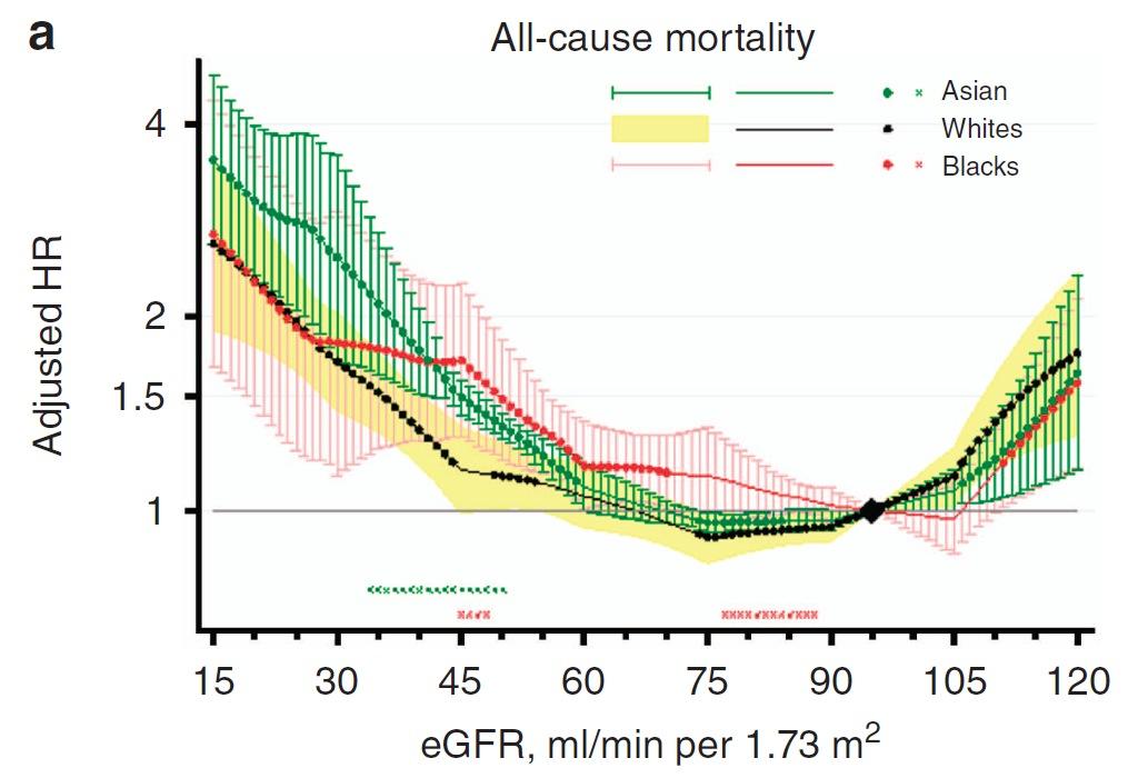 Adjusted HR of GFR and ACR with mortality in Asians (green), Whites (black)
