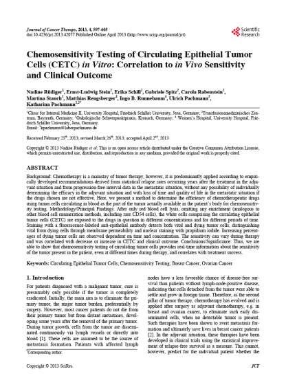 Chemosensitivity J Cancer Therapy 2013, 4:597-605 Chemosensitivity Testing of Circulating