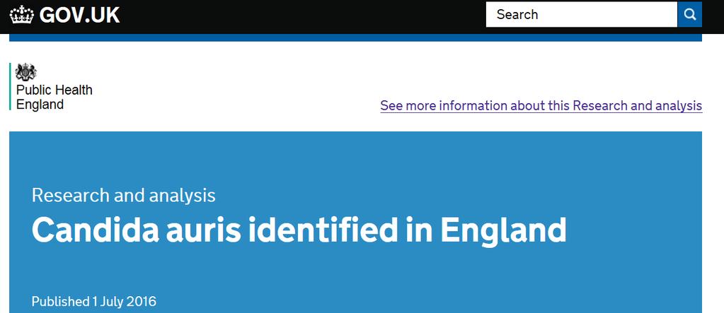 Public Health England released an alert on the same day Candida auris recommendations: Health Alert June 24, 2016 Reporting: healthcare facilities with known or suspected C.