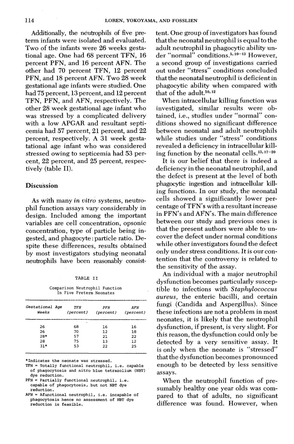 1 14 LOREN, YOKOYAMA, AND FOSSLIEN Additionally, the néutrophils of five preterm infants were isolated and evaluated. Two of the infants were 26 weeks gestational age.