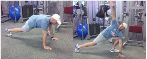 Warm-up Spiderman Climb with a Reach (SCREACH) Brace your abs. Start in the top of the pushup position.