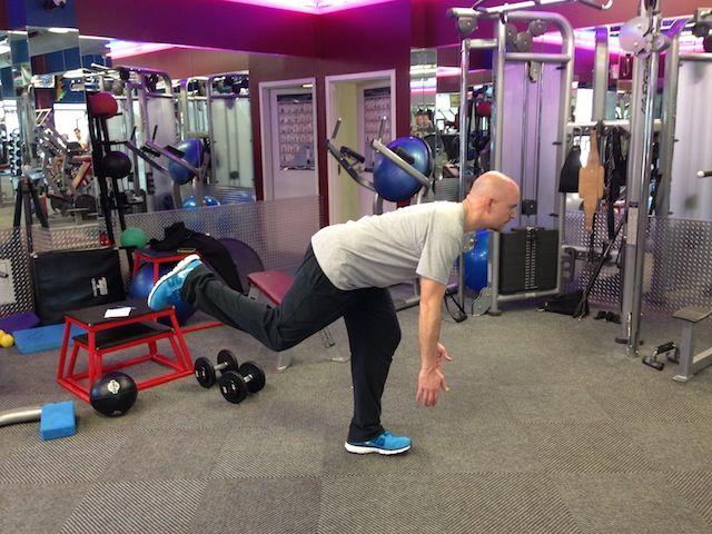 Bodyweight 1-Leg Romanian Deadlift (RDL) Keep your lower back arched and bend forward by pushing your hips back.