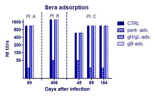Antibodies anti-gh/gl/ul128-131 and neutralization of epithelial cell infection Adsorption of sera with the pentamer complex nearly abolishes ARPE infection neutralizing activity.