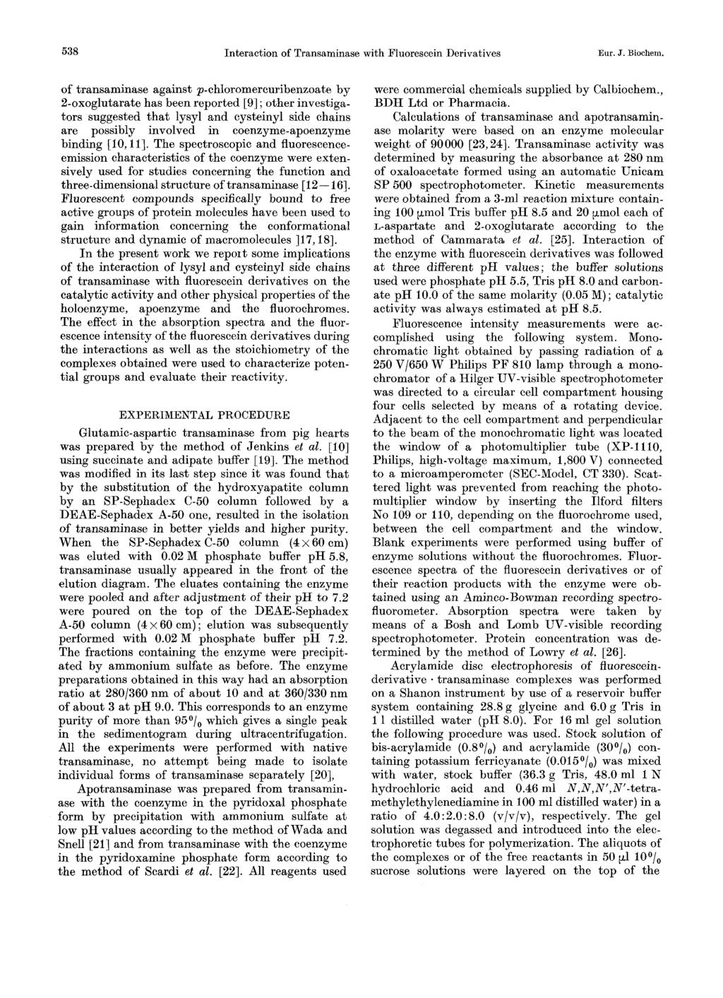 538 Interaction of Transaminase with Fluorescein Derivatives Eur. J. Biochem.