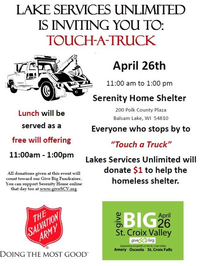 Touch a Truck, Change a Life! Lakes Services Unlimited has decided to come again to Serenity Home and help us raise some funds during our Give Big Day on April 26 th.
