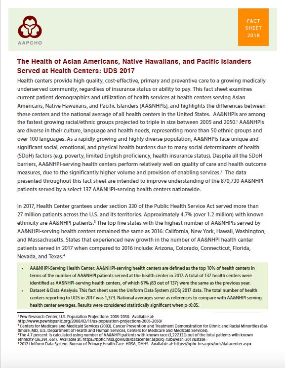 Report The Health of Asian Americans, Native Hawaiians and Pacific Islanders Served at : UDS 2017 Download at: http://www.