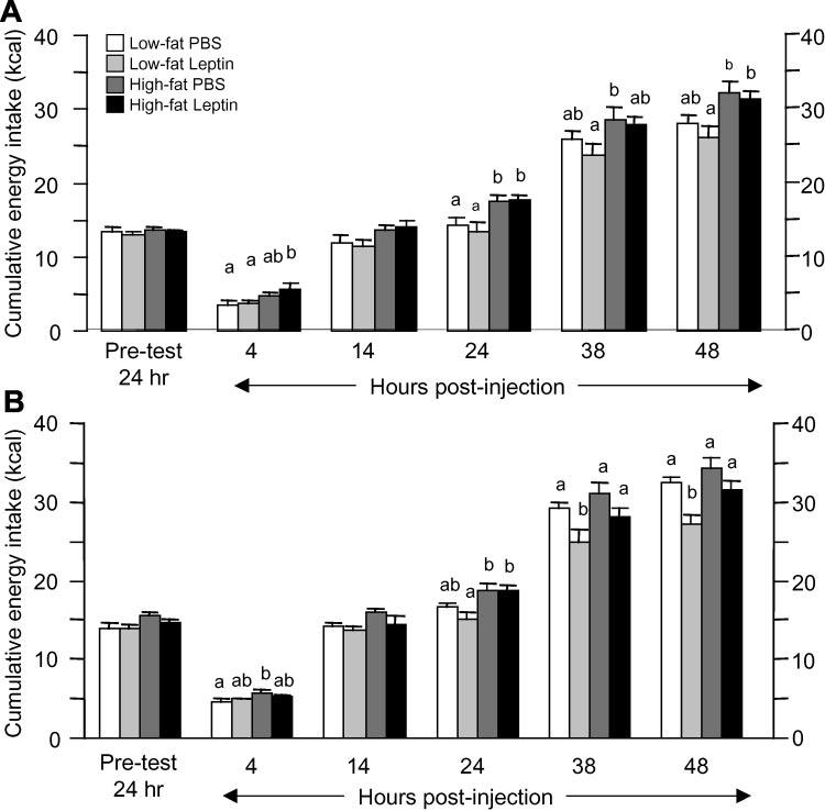 R90 ergy intakes than those fed the low-fat diet at 4, 24, 38, and 48 h postinjection (P 0.05; Fig.