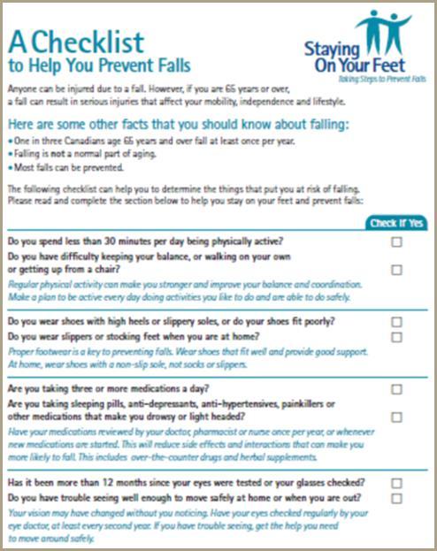 A checklist to help you prevent falls Use the checklist