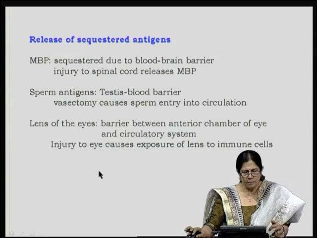 (Refer Slide Time: 34:28) Let us start with release of sequestered antigens. The examples are myelin basic protein, sperm antigens or lens of the eyes. Now, we go back again to self versus non-self.
