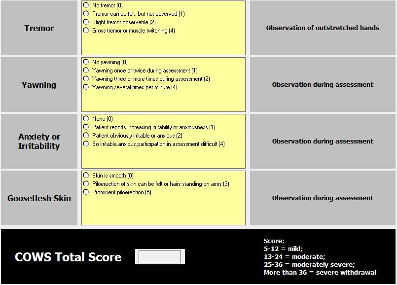 Clinical Opiate Withdrawal Scale (COWS) COWS Used in ED for patients presenting with opiate withdrawal