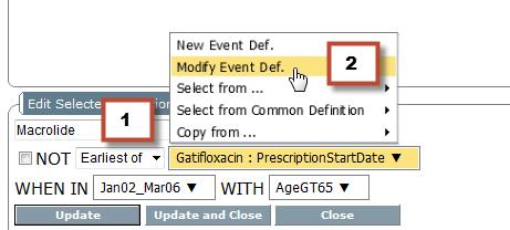 1- Change the name Gatifloxacin to Macrolide 2- Left click on the Event Definition