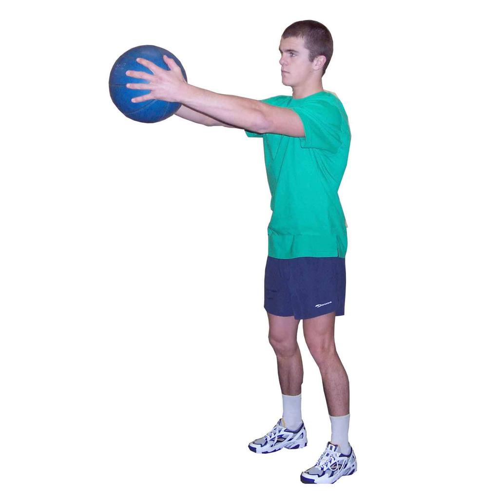hands in front of thighs Medicine ball lifted slowly overhead Maintain