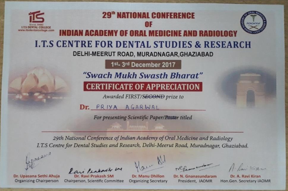 Indian Academy of Oral Medicine and Radiology held at Ghaziabad on 1 st -3 rd December 2017. Dr.