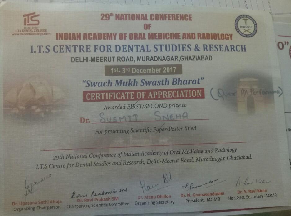 Department of Oral Medicine and Radiology Dr Susmit Sneha (Part III MDS), Department of Oral Medicine and Radiology, Bharati Vidyapeeth (Deemed to Be University), bagged 1 st prize for poster
