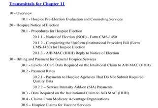 CMS Guidance Medicare Claims Processing Manual; Chapter 11 - Processing Hospice Claims https://www.cms.gov/regulations-and- Guidance/Guidance/Manuals/Downloads/clm104c 11.