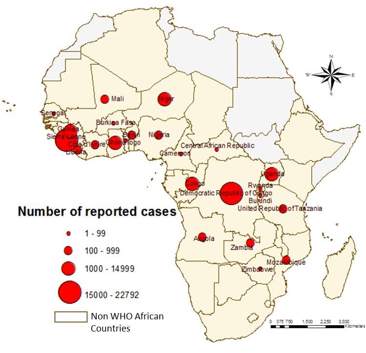 Cholera Between 01 January and 01 September 2012, a total of 62 106 cases and 1 246 deaths were reported from 23 countries resulting in a CFR of 2.0% (Table 2).