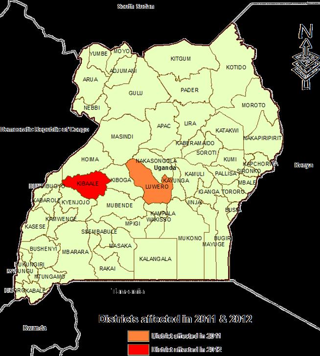 5. Ebola in Uganda On 24 July 2012, the Ministry of Health (MoH) of Uganda notified WHO of an outbreak of Ebola haemorrhagic fever from Kibaale district, mid-western Uganda.