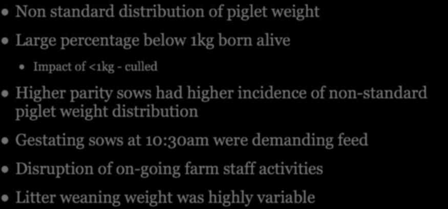 SUMMARY OF CHALLENGES Non standard distribution of piglet weight Large percentage below 1kg born alive Impact of <1kg - culled Higher parity sows had higher incidence of