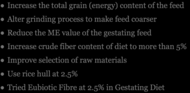 SOLUTIONS TRIED OR TESTED Increase the total grain (energy) content of the feed Alter grinding process to make feed coarser Reduce the ME value of the gestating feed Increase crude fiber