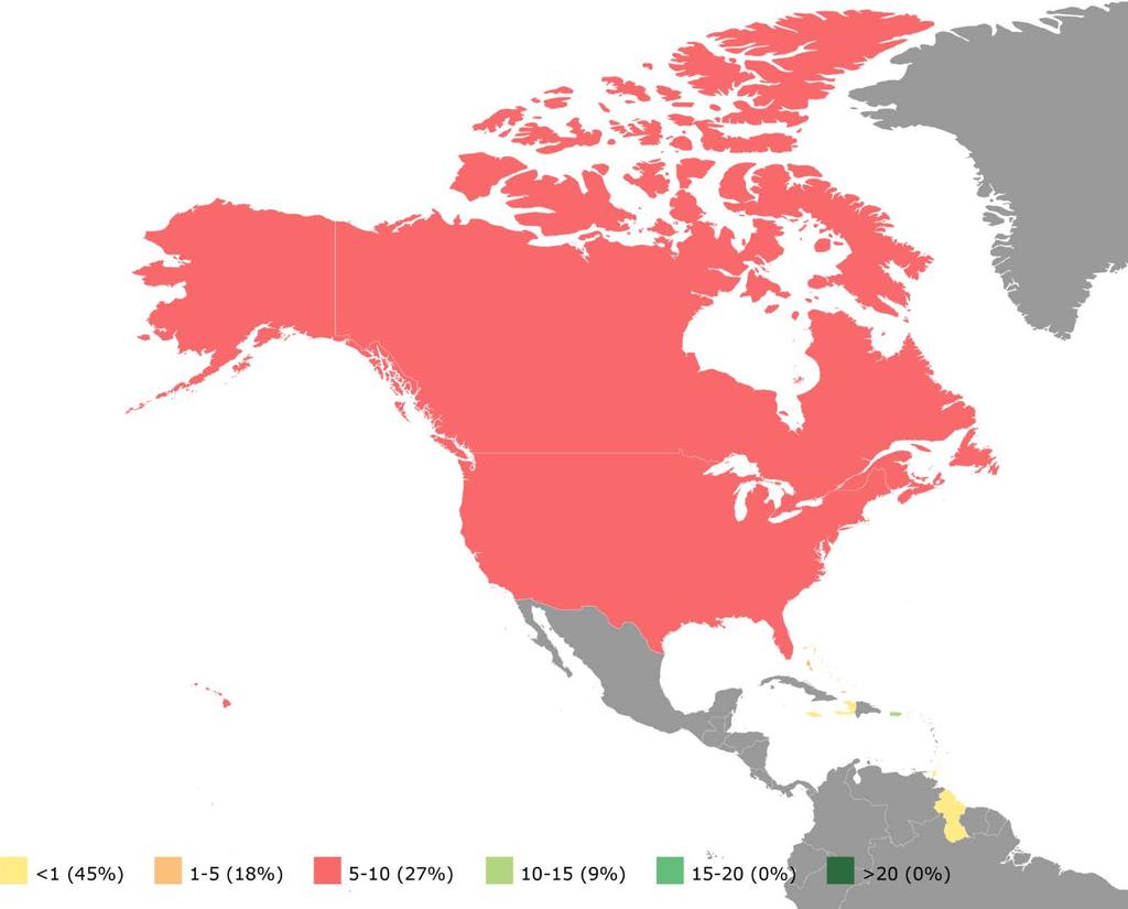 NORTH AMERICA CARIBBEAN IN YOUR REGION This map shows the number of practising physical
