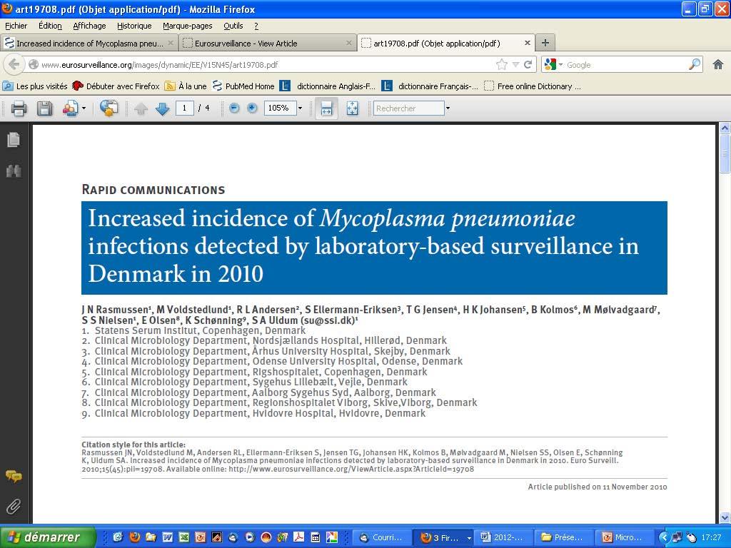 M. pneumoniae epidemiology Endemic with surges Every 4 to 7 years,