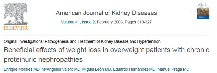 Weight Loss 30 overweight patients (BMI > 27 kg/m 2 ) with diabetic and nondiabetic proteinuric nephropathies to either follow a low-calorie normoproteinic diet or maintain their usual dietary intake
