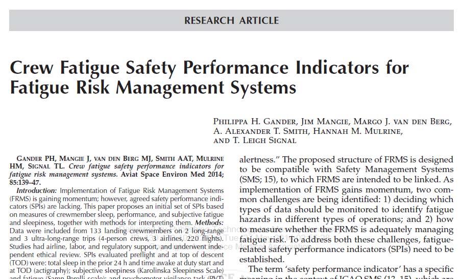 Crew Fatigue Safety Performance Indicators for Fatigue Risk Management Systems Crew Sleep: