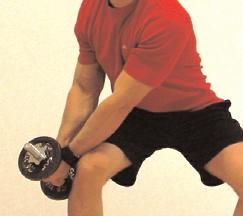 Squeeze your shoulder blades together and row the weights up to your hips. Stay in a shallow squat the entire set.