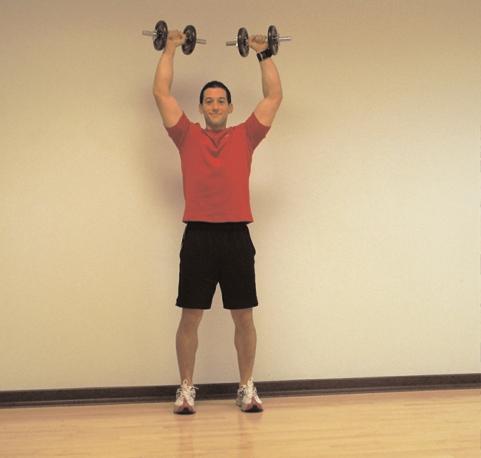 How To: Hold dumbbells on your shoulders with your palms turned away from you.