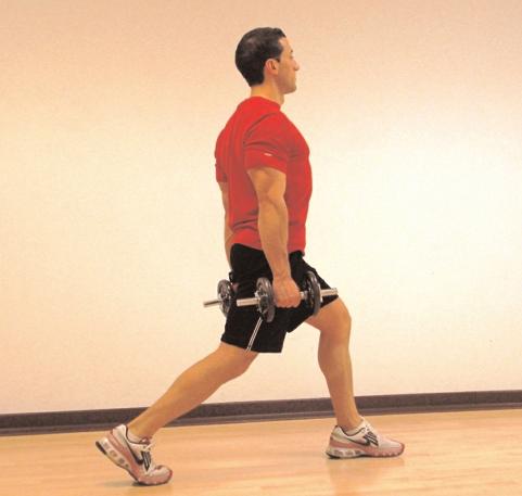 How To: Take a big step forward with 1 leg while holding dumbbells by your sides.