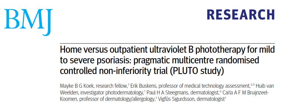 Home Narrow Band UVB Objective of the study was to determine whether as safe and as effective PASI 50 Home vs outpatient NBUVB = 70% vs 73% Total cumulative doses similar = 51.5 v 46.