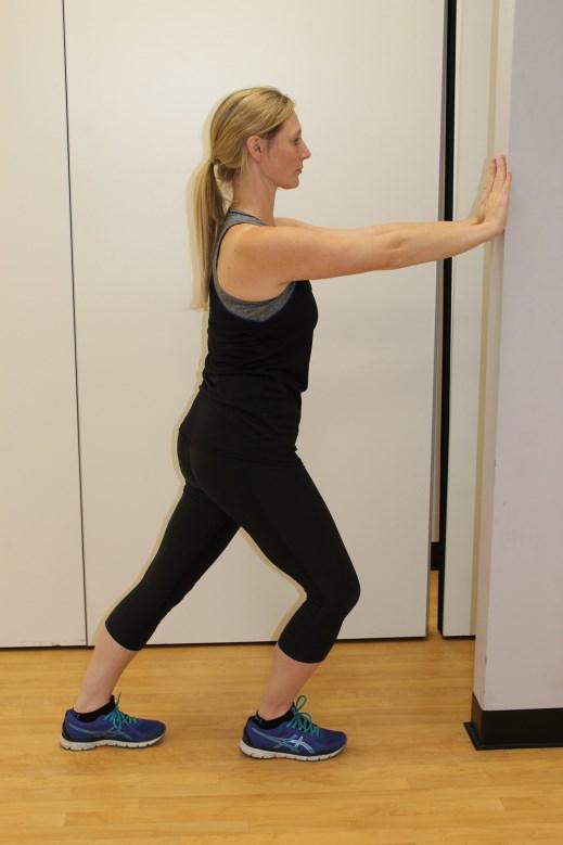 Exercises Exercise 1 Gastrocnemius (calf) stretch Place your hands against a wall for stability Stand in a walking position with the leg to be stretched behind you, the other leg bent in front