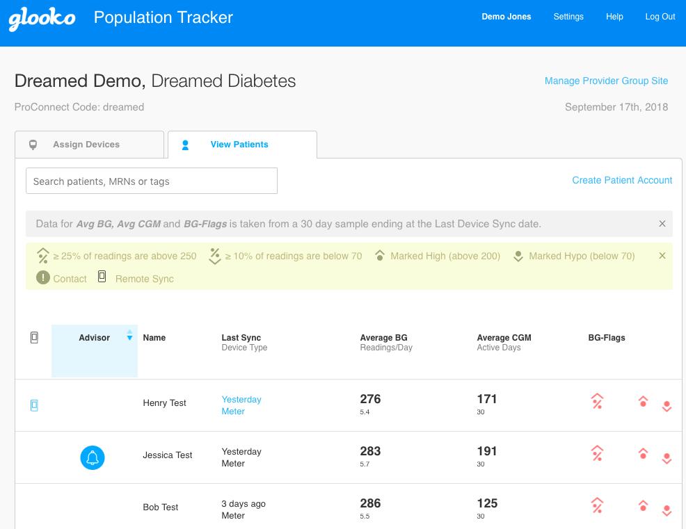 NOTIFICATION ICON ON PATIENT LIST FOR NEW RECOMMENDATIONS The Glooko Population Tracker with DreaMed contains an additional column that displays a notification whenever an updated pump recommendation
