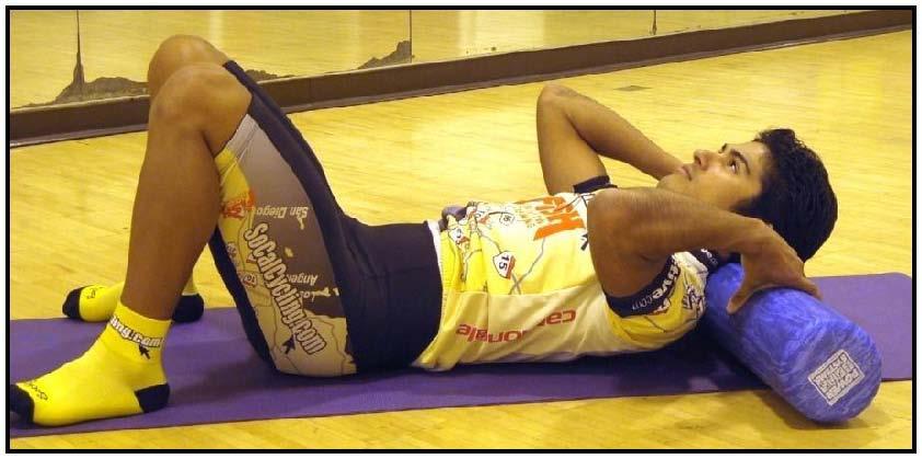 14.) Neck (Cervical Spine Mobility) - Place roller in lower part of neck, like a log, put hands up and over the roller, elbows are in.
