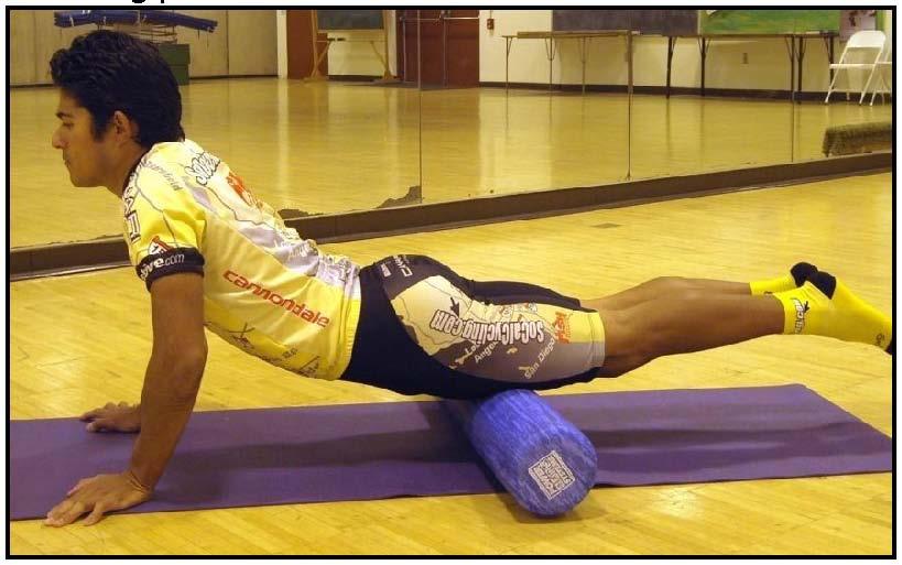 7.) Quads (Quadriceps Group) - Balance on elbows or hands, face down, with quads on foam roller.