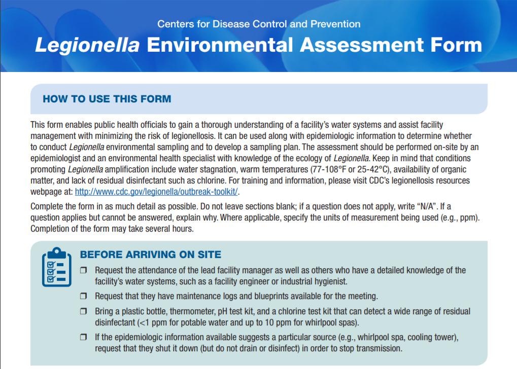 Sample of a Legionella Environmental Assessment Form Link to the CDC form https://www.cdc.
