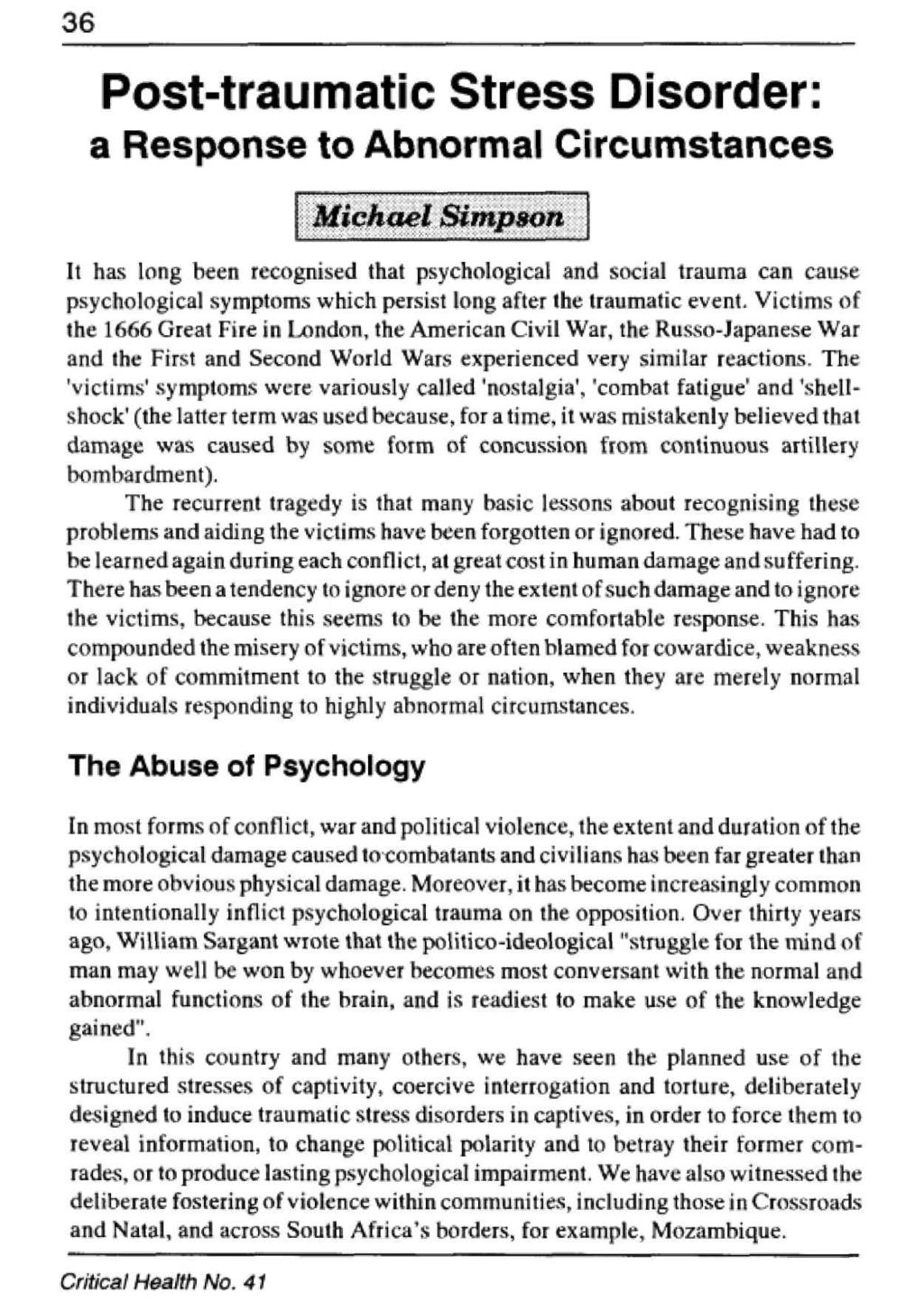 36 Post-traumatic Stress Disorder: a Response to Abnormal Circumstances 1-! Michael I. ' Simpson. :,,.,..,.,.,.. * i-ivri?w^-invmisr-r-i, ; A i r -; : l'wii*i.n; ;.
