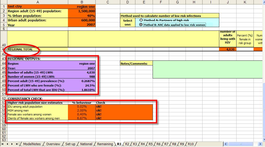 Figure 2-6. Completed Regional Estimate Your Results and Output National estimate National prevalence Once you have filled out each of the regional sheets, Workbook fills in the National sheet.