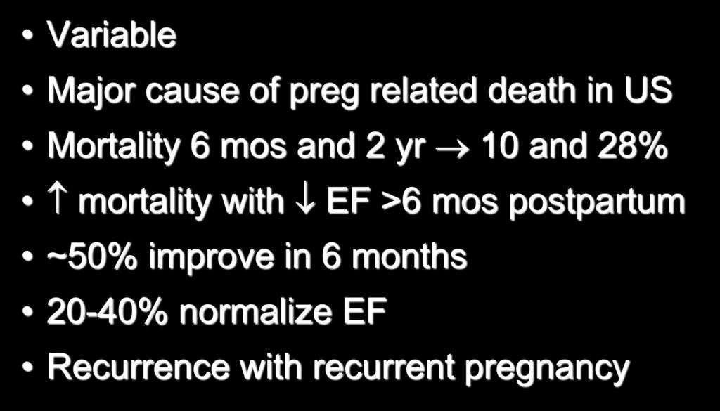 Peripartum Cardiomyopathy Prognosis Variable Major cause of preg related death in US Mortality 6 mos and 2 yr 10 and 28% mortality with
