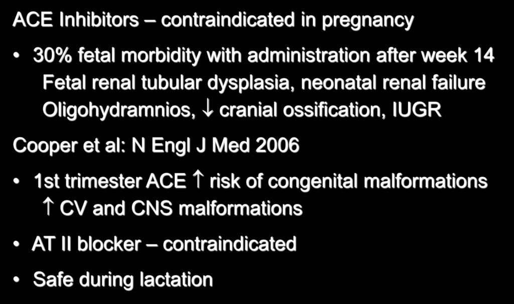 Cardiac Drugs in Pregnancy ACE Inhibitors contraindicated in pregnancy 30% fetal morbidity with