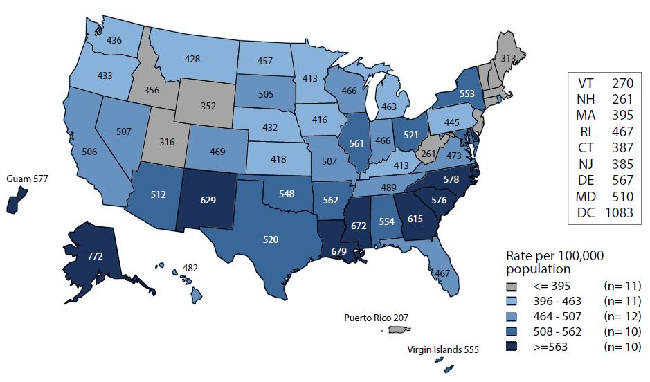 Chlamydia Rates of Reported Cases by State United States and Outlying Areas, 2016 NOTE: The total rate of reported cases of