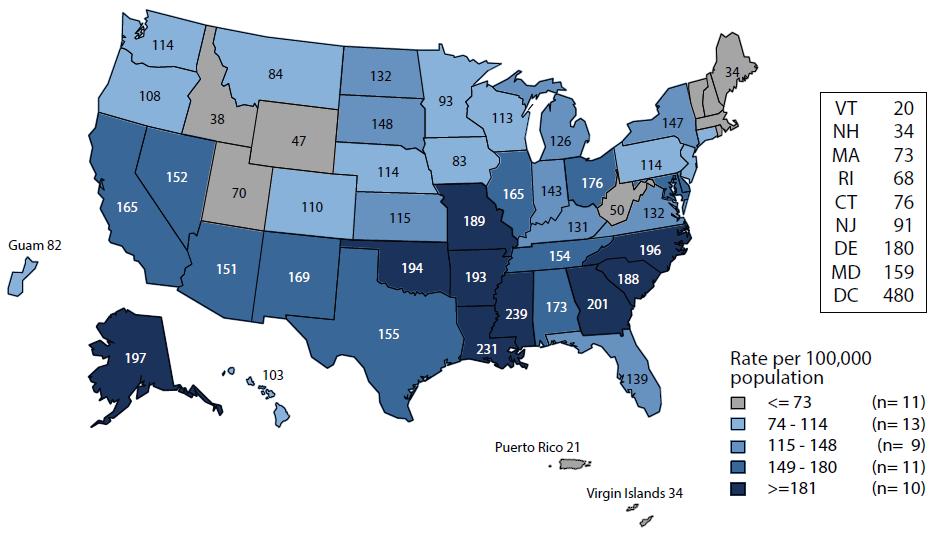 Gonorrhea Rates of Reported Cases by State United States and Outlying Areas, 2016 NOTE: The total rate of reported cases of