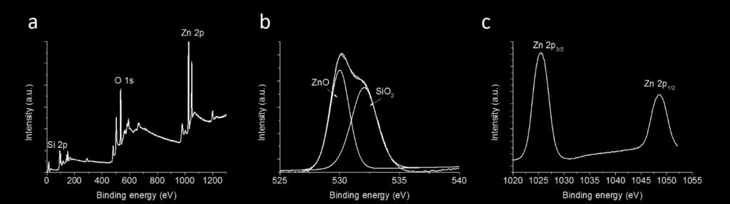 All other peaks suggest the existence of high purity ZnO. In O 1s spectrum, the peak at 530 ev is assigned to ZnO, while the peak at 532 ev is assigned to SiO 2. Figure S2.