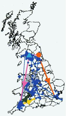 10 Map of FMD cases reported by 30 March 2001 (from Ferguson et al. 2001a) The original infection is mapped with a red circle, and Longtown Market (Cumbria) is mapped with a blue triangle.