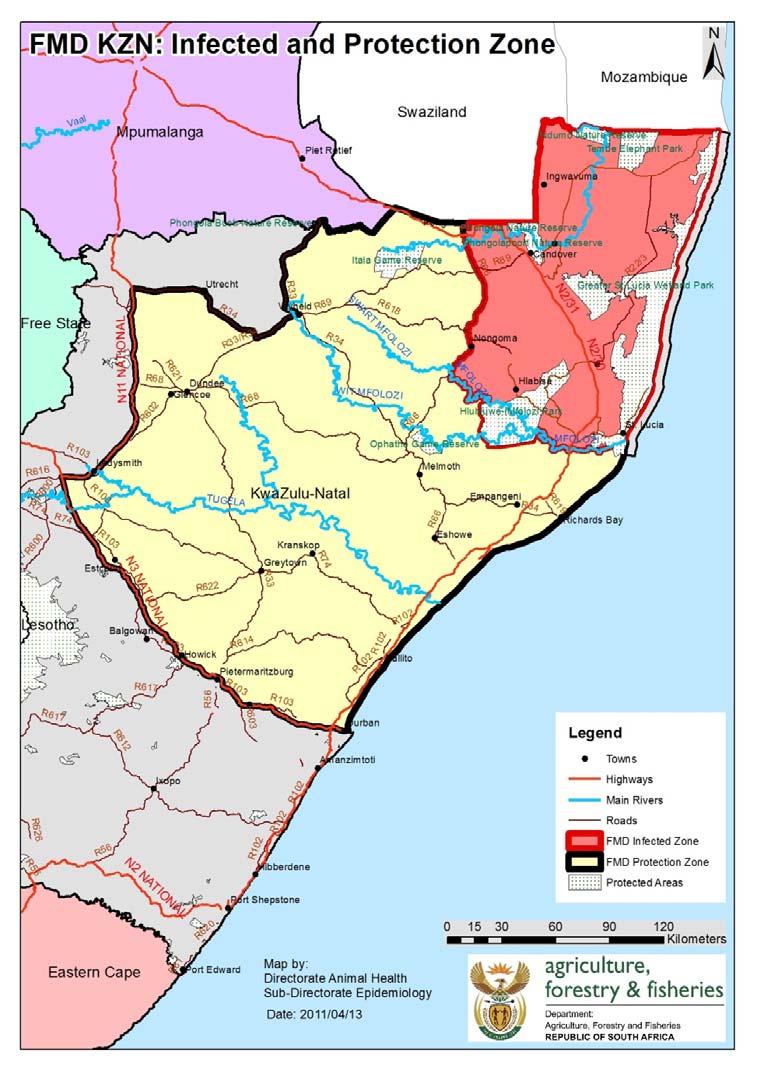 one diptank in the infected area and SAT-3 virus from buffalo in the Ndumo Game Reserve. An infected zone and a protection zone in KZN have been declared (see Map 1 below).