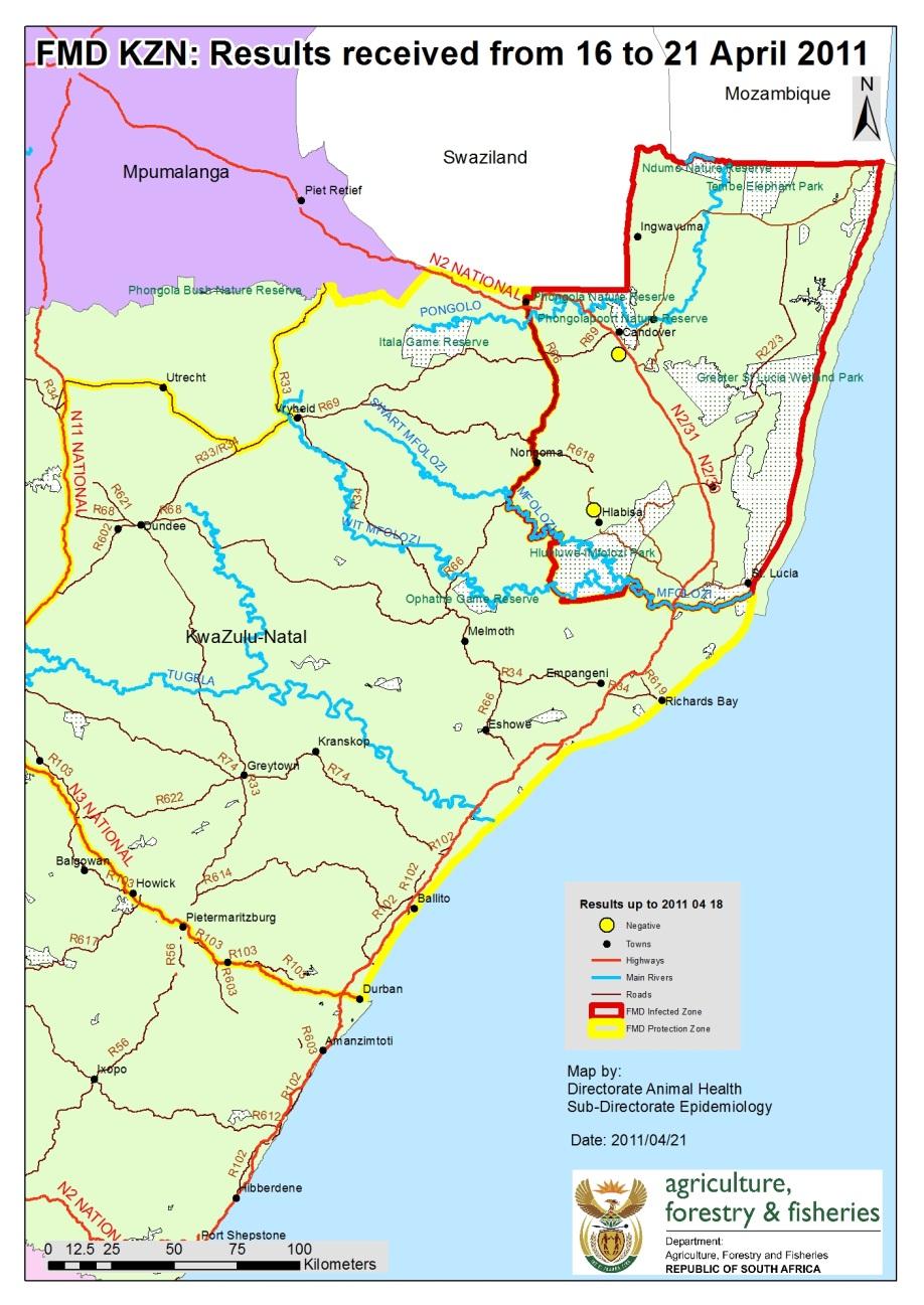 Map 4: Re-sampling in the southern area of the infected zone 3.5). Update on the activities for the period 23 April to 13 May 2011: No new test results were received. 3.6).