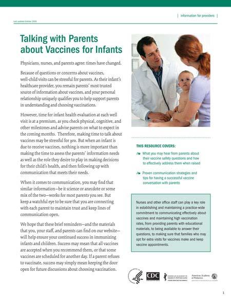 Talking with Parents About Vaccines Audience: Healthcare providers During the Office Visit Take time to listen Solicit and welcome questions Keep the conversation going Use a mix of