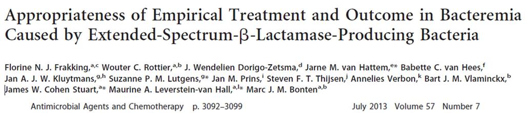Retrospectively, information was collected from 232 consecutive patients with ESBL bacteremia (due to E. coli, K. pneumoniae and E.cloacae) between 2008 and 2010.