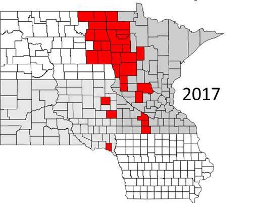 Counties with pyrethroid performance issues (2017) University of Minnesota North